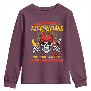 Funny Electrician Skull Youth Sweatshirt Electrical Engineer Electricity Lineman TS14 Maroon Print Your Wear