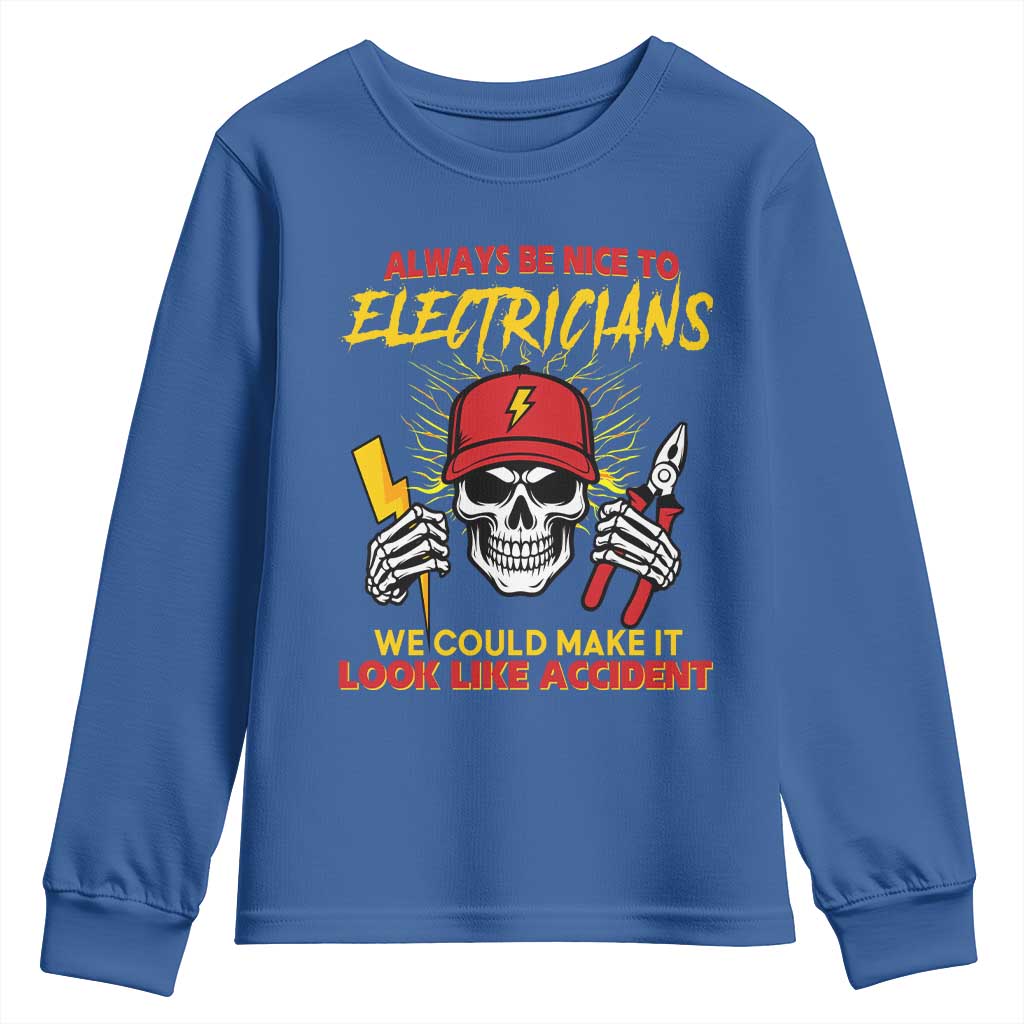 Funny Electrician Skull Youth Sweatshirt Electrical Engineer Electricity Lineman TS14 Royal Blue Print Your Wear