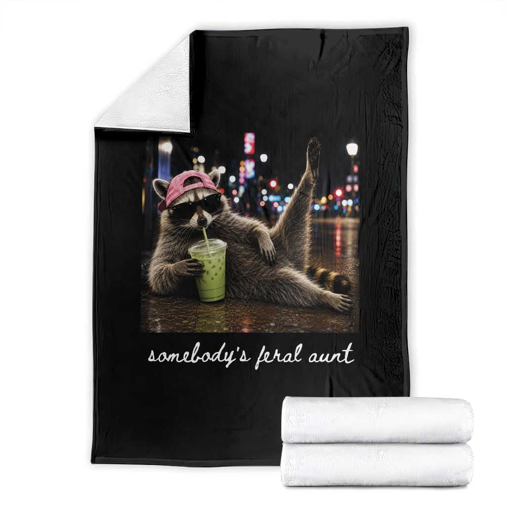 Somebody's Feral Aunt Throw Blanket Raccoon Drinking Iced Matcha Latte Sarcastic Animal Humor TS14 Black Print Your Wear