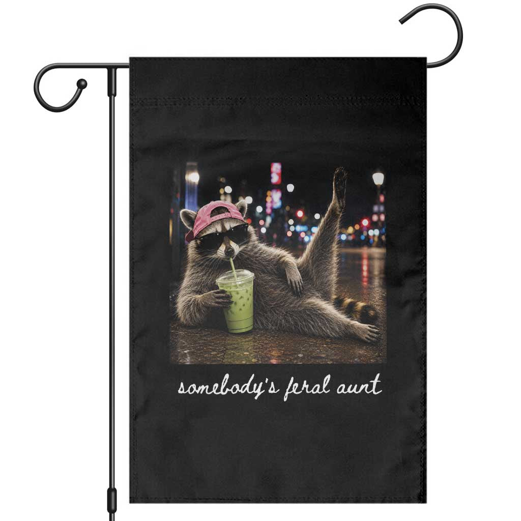 Somebody's Feral Aunt Garden Flag Raccoon Drinking Iced Matcha Latte Sarcastic Animal Humor TS14 Black Print Your Wear