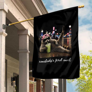 Somebody's Feral Aunt Garden Flag Raccoon Drinking Iced Matcha Latte Sarcastic Animal Humor