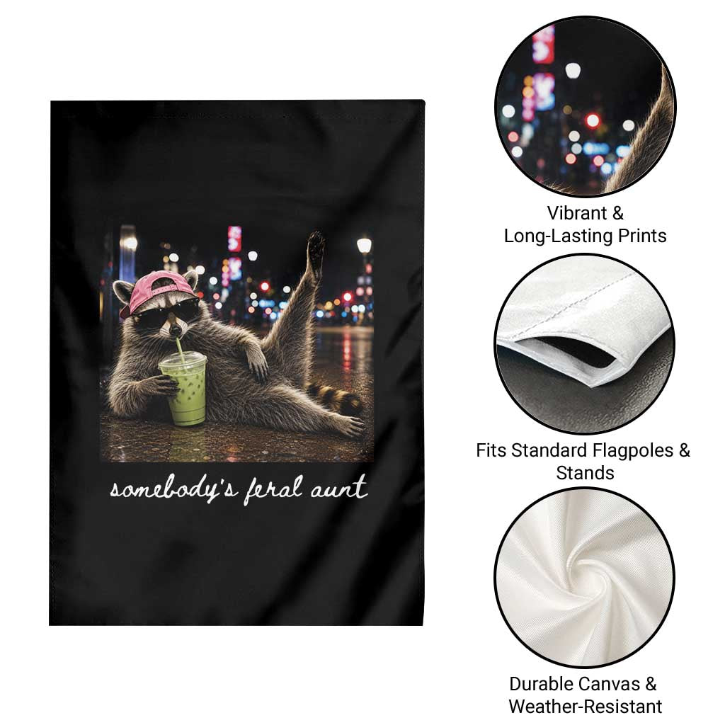 Somebody's Feral Aunt Garden Flag Raccoon Drinking Iced Matcha Latte Sarcastic Animal Humor
