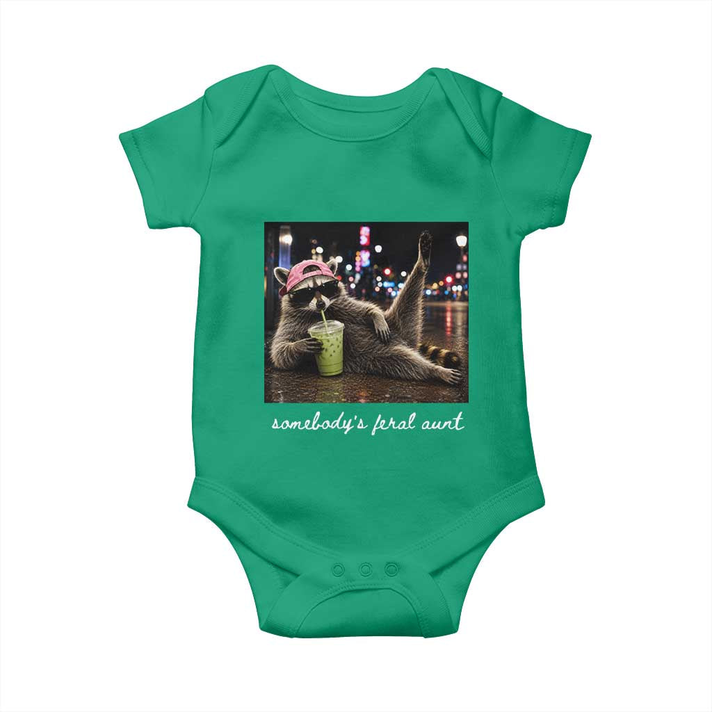 Somebody's Feral Aunt Baby Onesie Raccoon Drinking Iced Matcha Latte Sarcastic Animal Humor