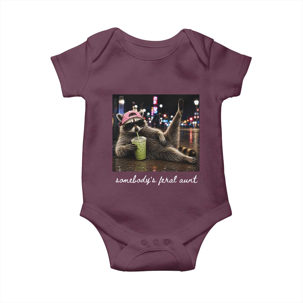Somebody's Feral Aunt Baby Onesie Raccoon Drinking Iced Matcha Latte Sarcastic Animal Humor