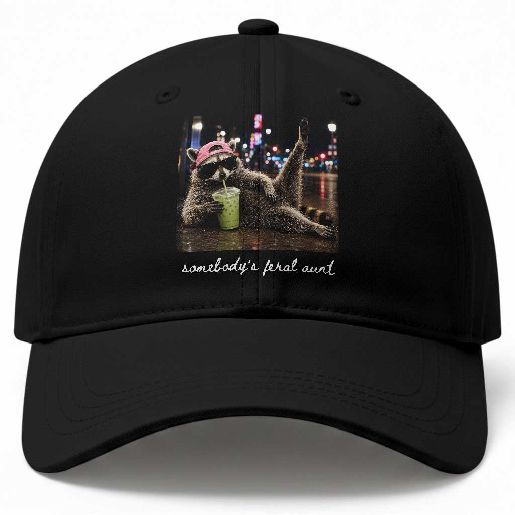 Somebody's Feral Aunt Baseball Cap Raccoon Drinking Iced Matcha Latte Sarcastic Animal Humor TS14 Print Your Wear