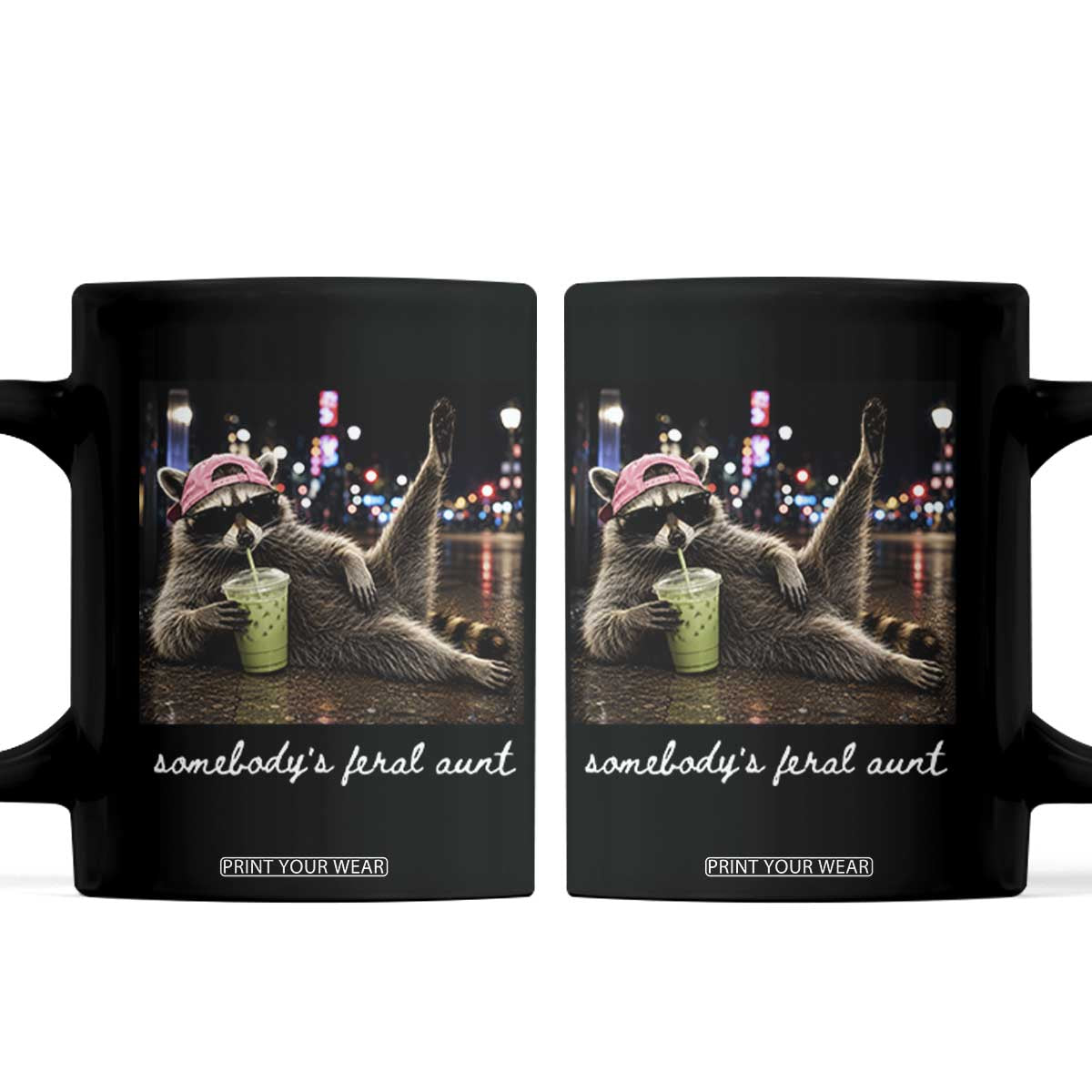 Somebody's Feral Aunt Coffee Mug Raccoon Drinking Iced Matcha Latte Sarcastic Animal Humor