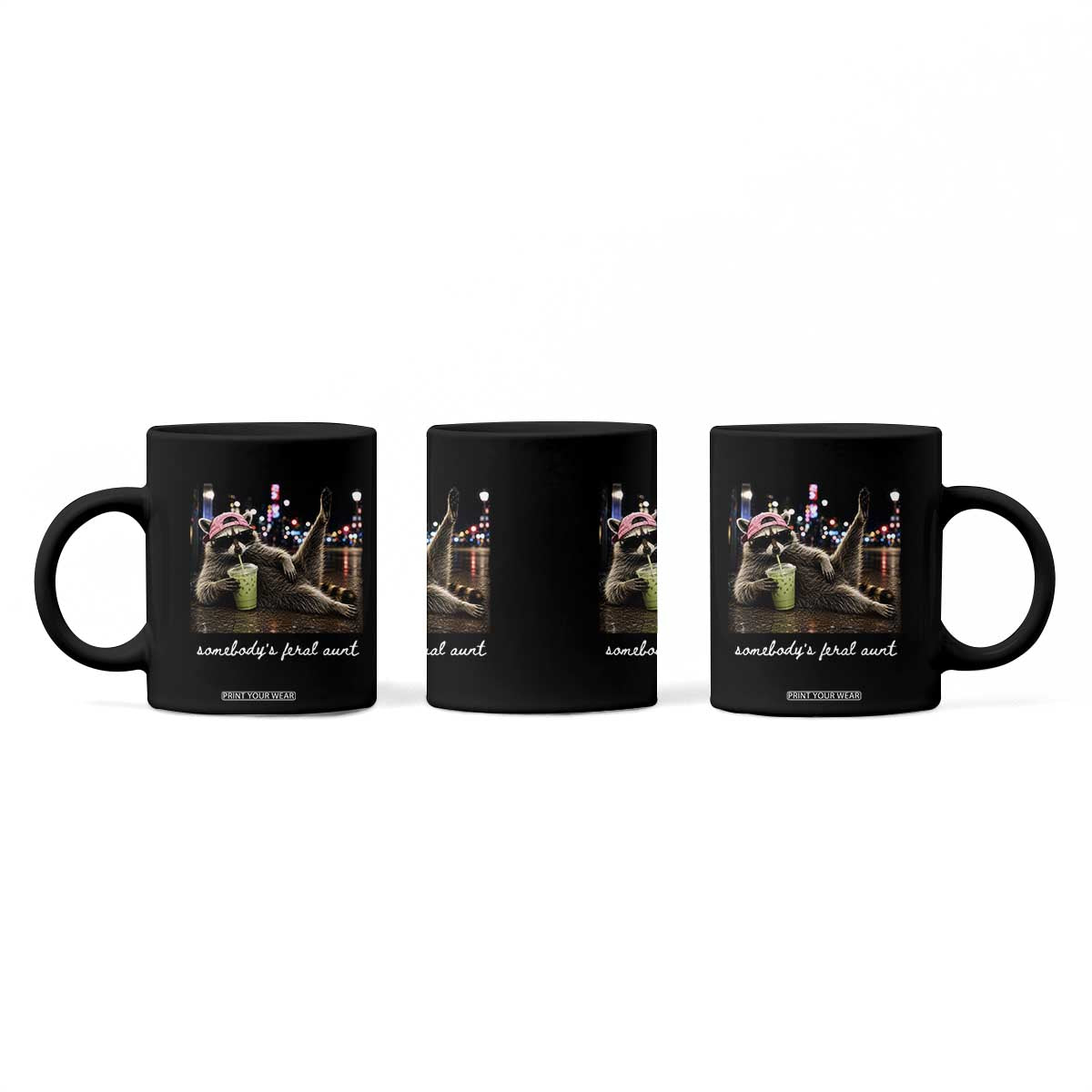 Somebody's Feral Aunt Coffee Mug Raccoon Drinking Iced Matcha Latte Sarcastic Animal Humor