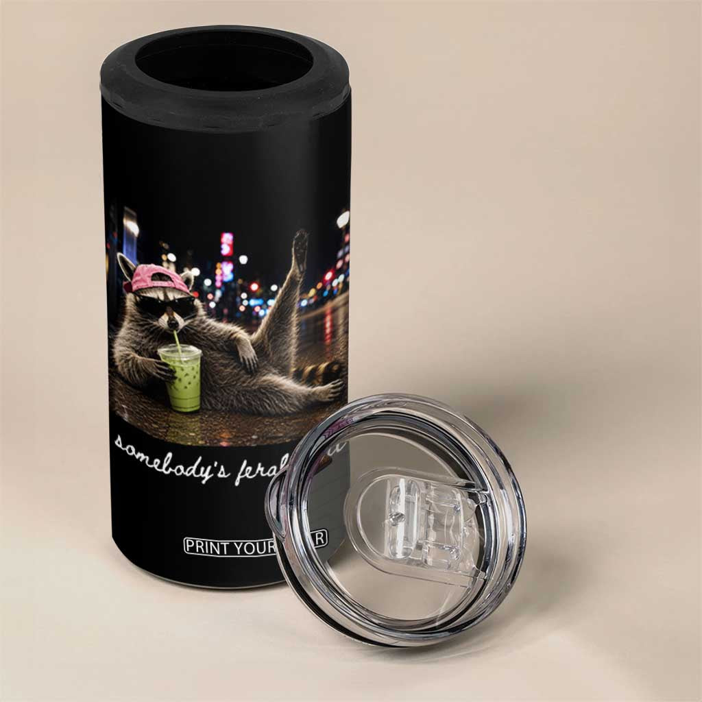 Somebody's Feral Aunt 4 in 1 Can Cooler Tumbler Raccoon Drinking Iced Matcha Latte Sarcastic Animal Humor
