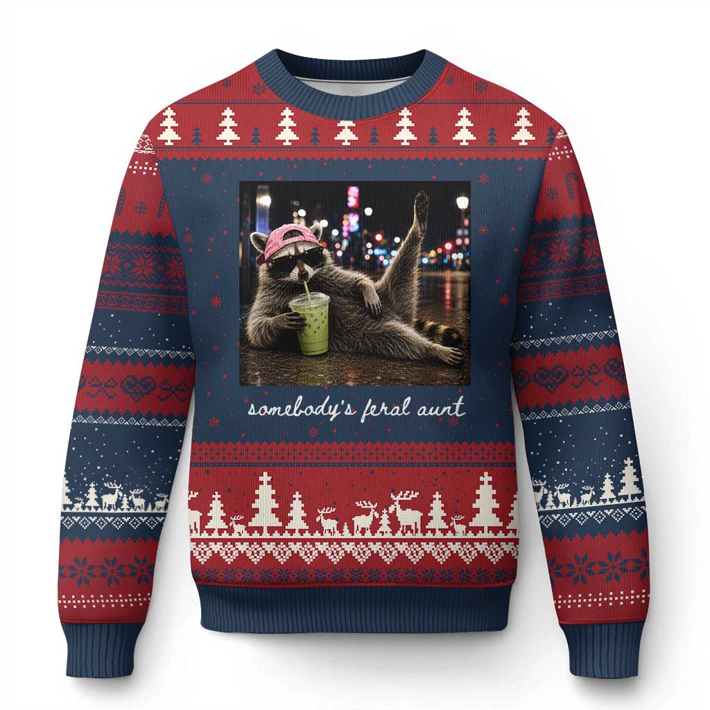 Somebody's Feral Aunt Ugly Christmas Sweater Raccoon Drinking Iced Matcha Latte Sarcastic Animal Humor