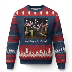 Somebody's Feral Aunt Ugly Christmas Sweater Raccoon Drinking Iced Matcha Latte Sarcastic Animal Humor