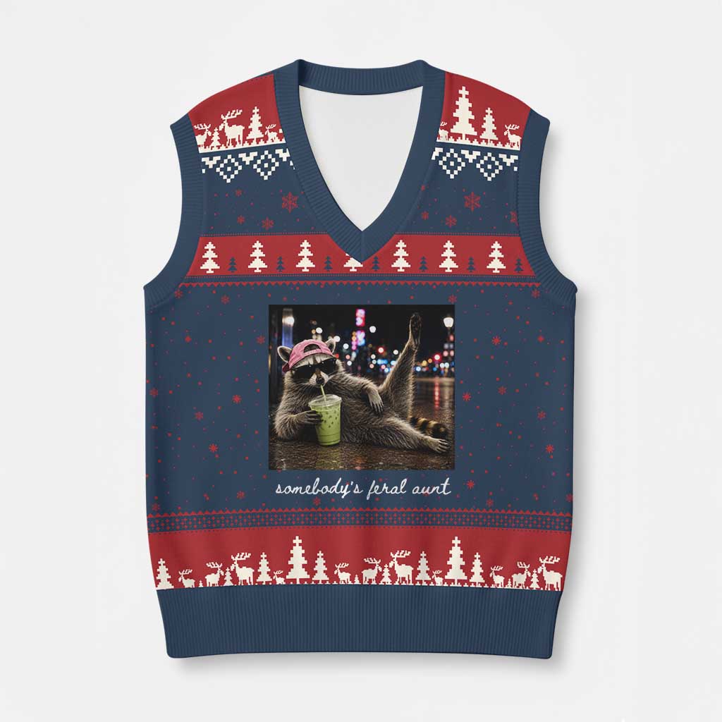 Somebody's Feral Aunt V-Neck Knit Sweater Vest Raccoon Drinking Iced Matcha Latte Sarcastic Animal Humor TS14 Navy Red Print Your Wear