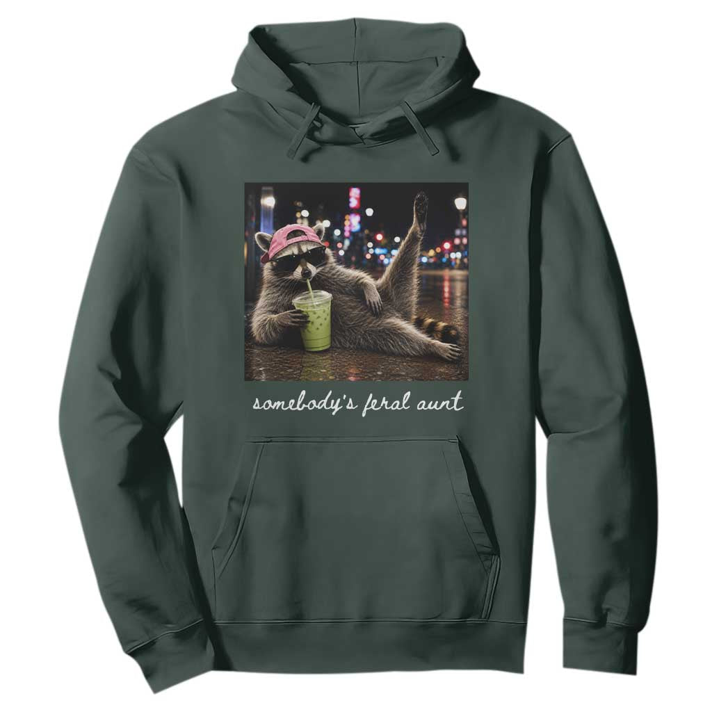 Somebody's Feral Aunt Hoodie Raccoon Drinking Iced Matcha Latte Sarcastic Animal Humor