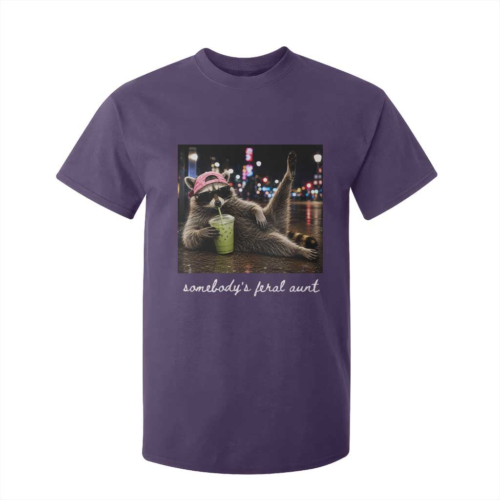 Somebody's Feral Aunt T Shirt For Kid Raccoon Drinking Iced Matcha Latte Sarcastic Animal Humor