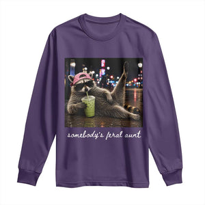 Somebody's Feral Aunt Long Sleeve Shirt Raccoon Drinking Iced Matcha Latte Sarcastic Animal Humor