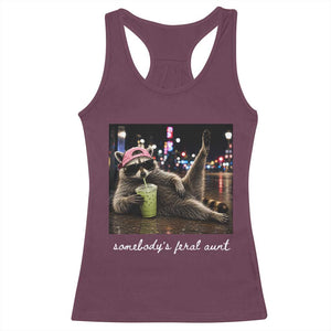 Somebody's Feral Aunt Racerback Tank Top Raccoon Drinking Iced Matcha Latte Sarcastic Animal Humor
