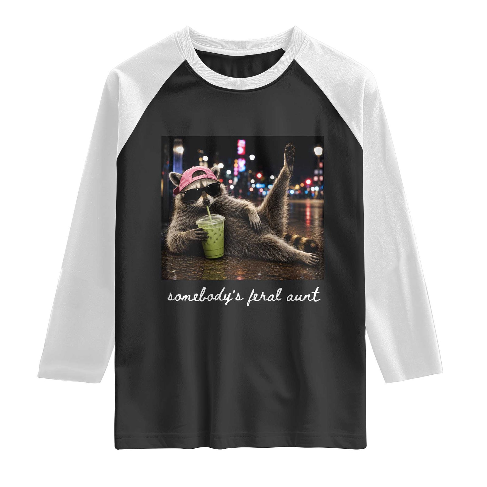 Somebody's Feral Aunt Raglan Shirt Raccoon Drinking Iced Matcha Latte Sarcastic Animal Humor TS14 Black White Print Your Wear