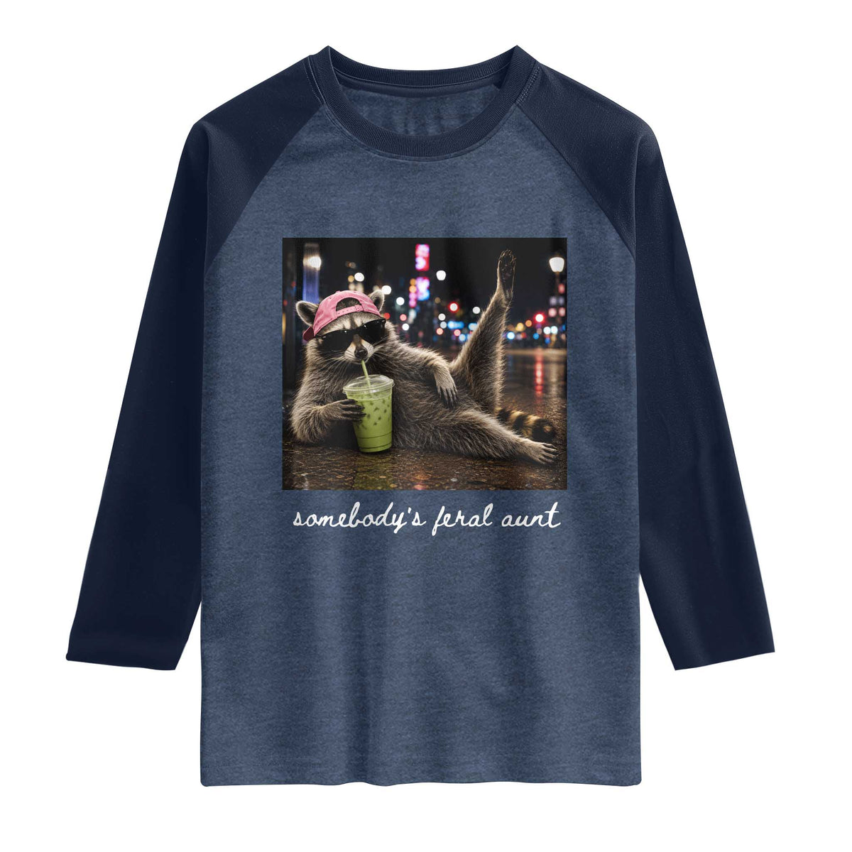 Somebody's Feral Aunt Raglan Shirt Raccoon Drinking Iced Matcha Latte Sarcastic Animal Humor