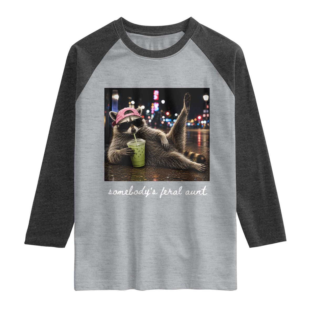 Somebody's Feral Aunt Raglan Shirt Raccoon Drinking Iced Matcha Latte Sarcastic Animal Humor