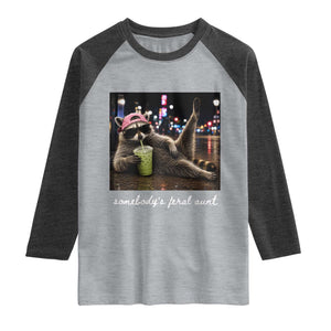 Somebody's Feral Aunt Raglan Shirt Raccoon Drinking Iced Matcha Latte Sarcastic Animal Humor