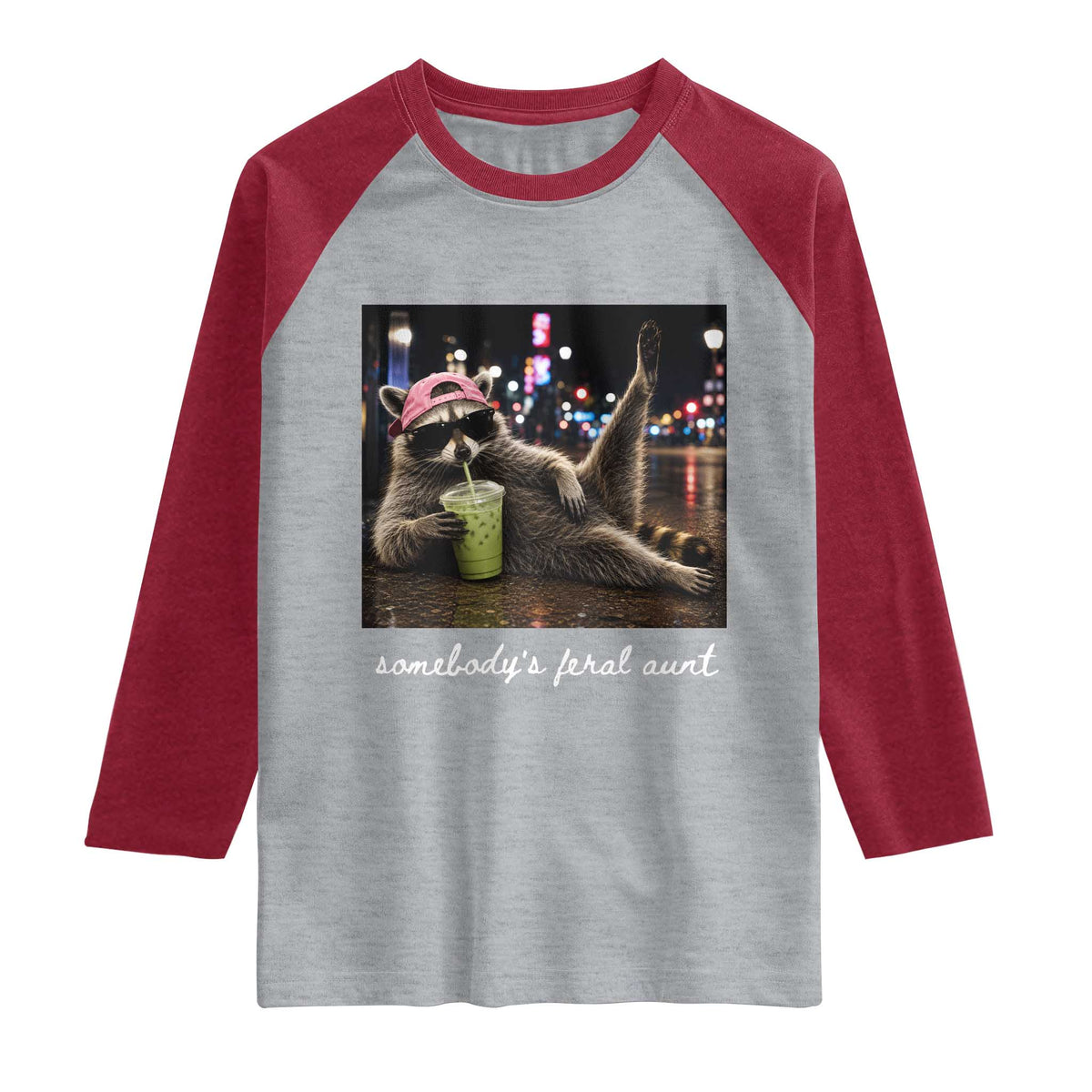 Somebody's Feral Aunt Raglan Shirt Raccoon Drinking Iced Matcha Latte Sarcastic Animal Humor