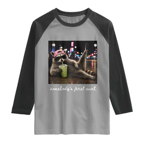 Somebody's Feral Aunt Raglan Shirt Raccoon Drinking Iced Matcha Latte Sarcastic Animal Humor