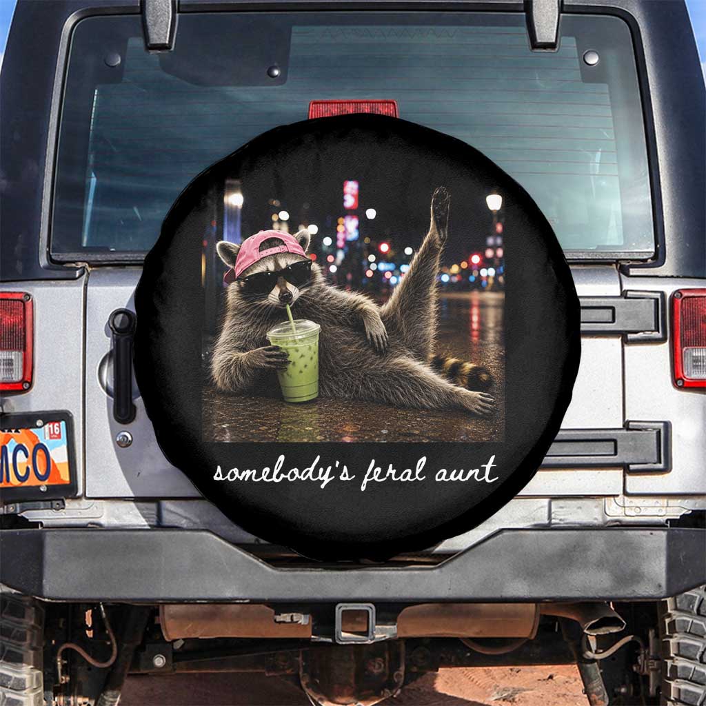 Somebody's Feral Aunt Spare Tire Cover Raccoon Drinking Iced Matcha Latte Sarcastic Animal Humor TS14 No hole Black Print Your Wear
