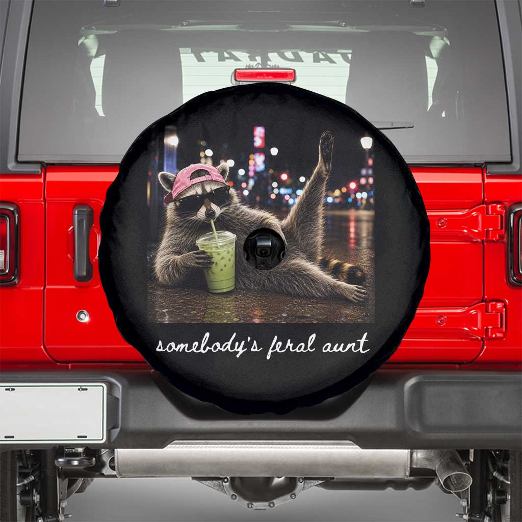 Somebody's Feral Aunt Spare Tire Cover Raccoon Drinking Iced Matcha Latte Sarcastic Animal Humor