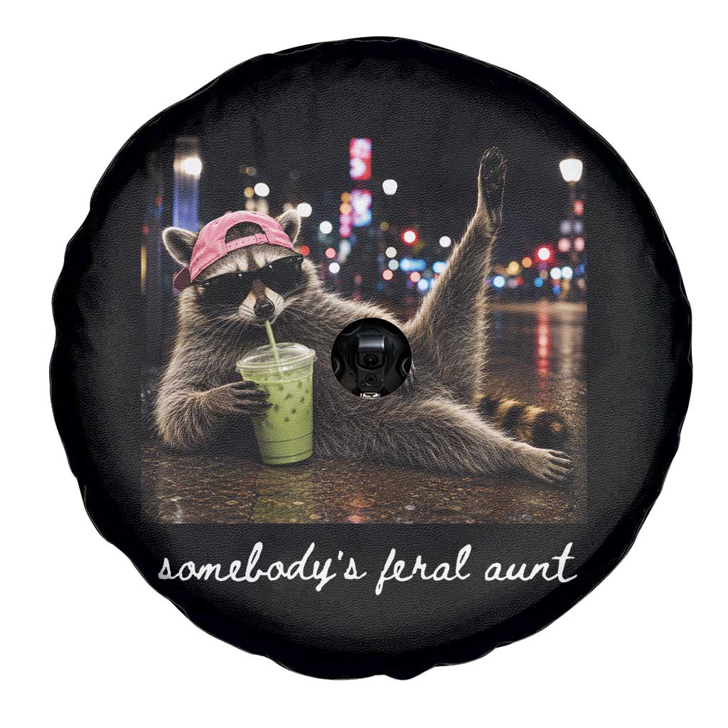 Somebody's Feral Aunt Spare Tire Cover Raccoon Drinking Iced Matcha Latte Sarcastic Animal Humor
