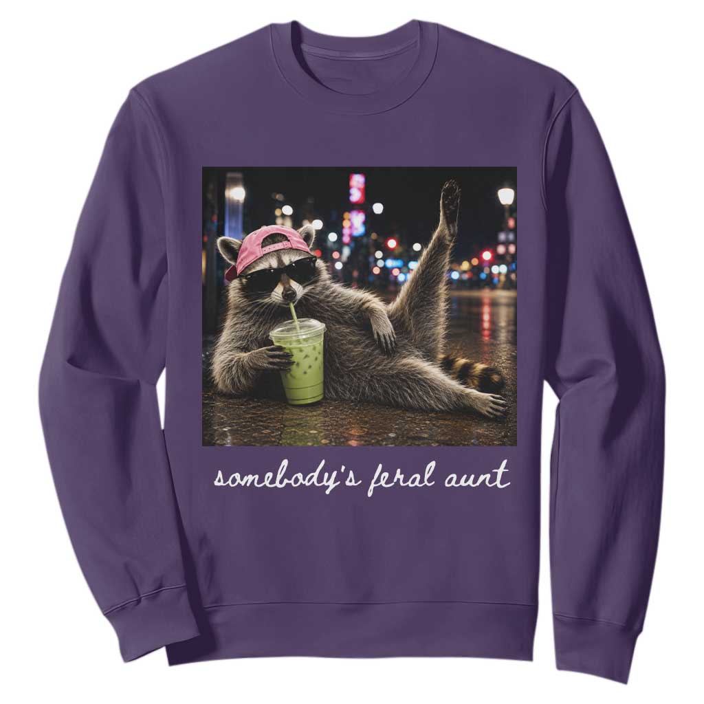 Somebody's Feral Aunt Sweatshirt Raccoon Drinking Iced Matcha Latte Sarcastic Animal Humor