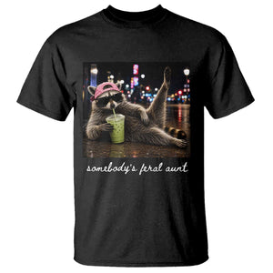 Somebody's Feral Aunt T Shirt Raccoon Drinking Iced Matcha Latte Sarcastic Animal Humor