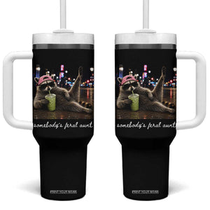 Somebody's Feral Aunt Tumbler With Handle Raccoon Drinking Iced Matcha Latte Sarcastic Animal Humor