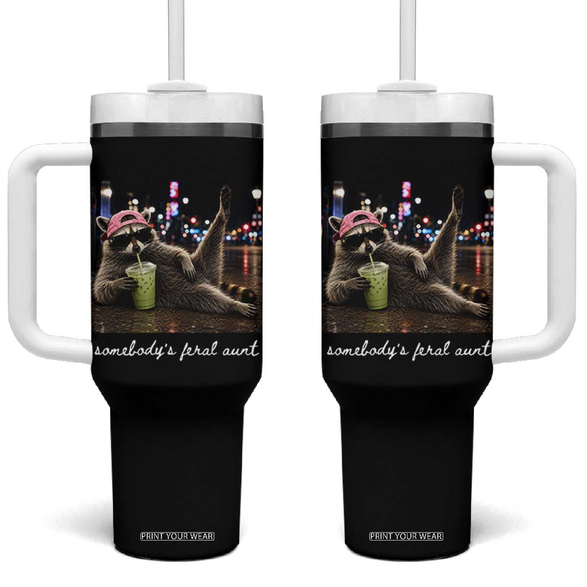 Somebody's Feral Aunt Tumbler With Handle Raccoon Drinking Iced Matcha Latte Sarcastic Animal Humor TS14 One Size: 40 oz Black Print Your Wear