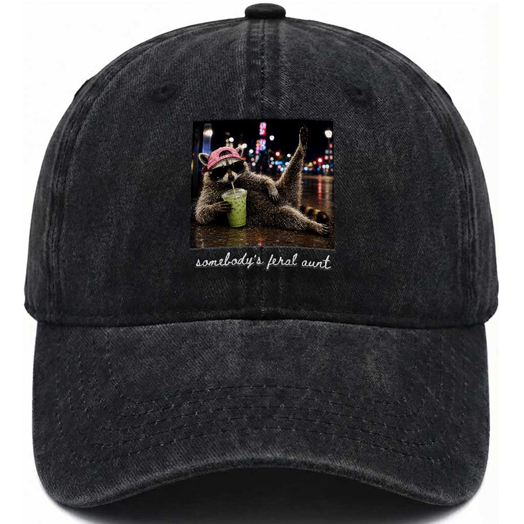 Somebody's Feral Aunt Washed Cotton Baseball Cap Raccoon Drinking Iced Matcha Latte Sarcastic Animal Humor TS14 Print Your Wear