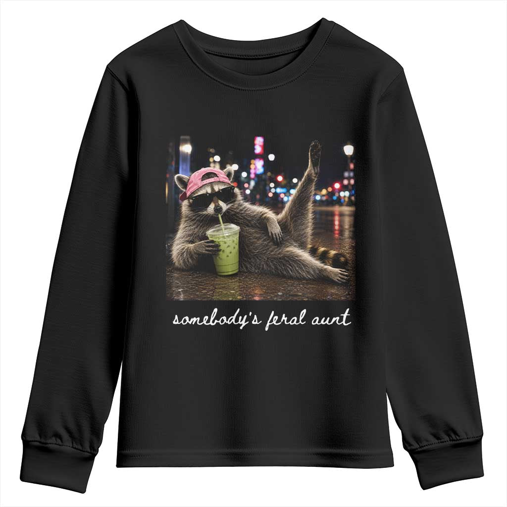 Somebody's Feral Aunt Youth Sweatshirt Raccoon Drinking Iced Matcha Latte Sarcastic Animal Humor TS14 Black Print Your Wear