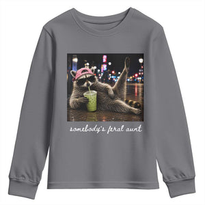 Somebody's Feral Aunt Youth Sweatshirt Raccoon Drinking Iced Matcha Latte Sarcastic Animal Humor