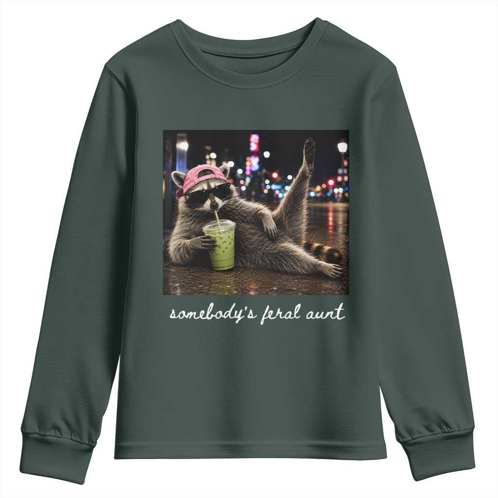 Somebody's Feral Aunt Youth Sweatshirt Raccoon Drinking Iced Matcha Latte Sarcastic Animal Humor
