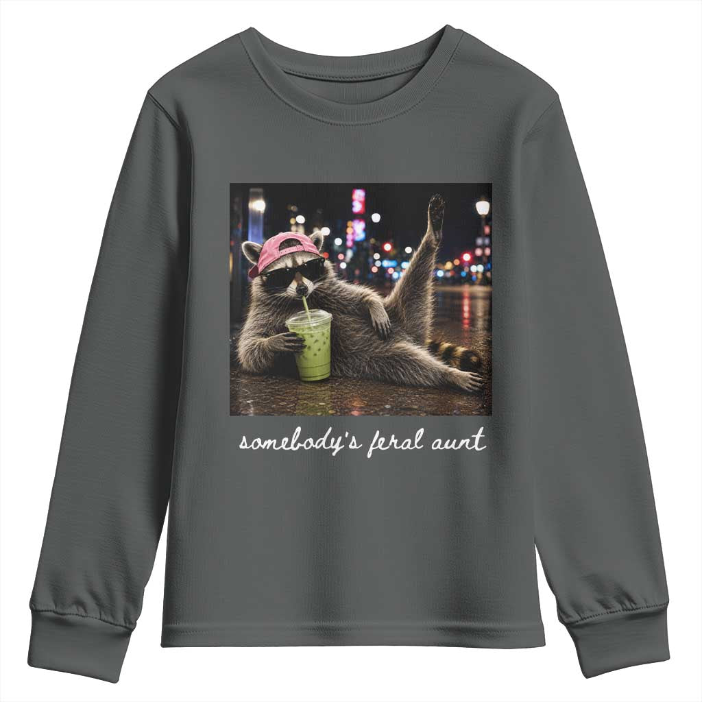 Somebody's Feral Aunt Youth Sweatshirt Raccoon Drinking Iced Matcha Latte Sarcastic Animal Humor