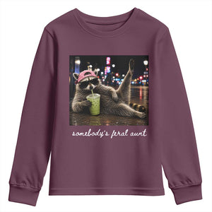 Somebody's Feral Aunt Youth Sweatshirt Raccoon Drinking Iced Matcha Latte Sarcastic Animal Humor