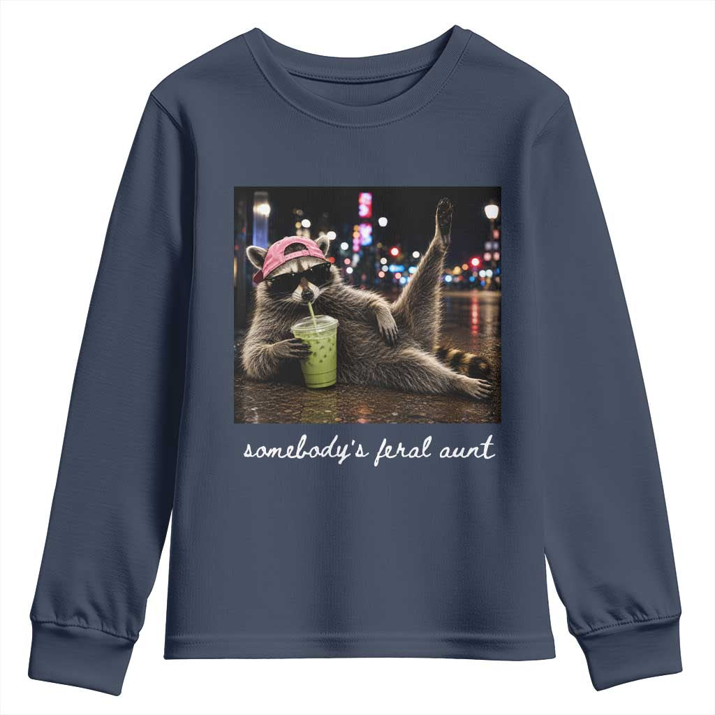 Somebody's Feral Aunt Youth Sweatshirt Raccoon Drinking Iced Matcha Latte Sarcastic Animal Humor
