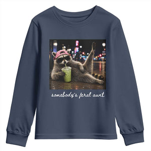 Somebody's Feral Aunt Youth Sweatshirt Raccoon Drinking Iced Matcha Latte Sarcastic Animal Humor