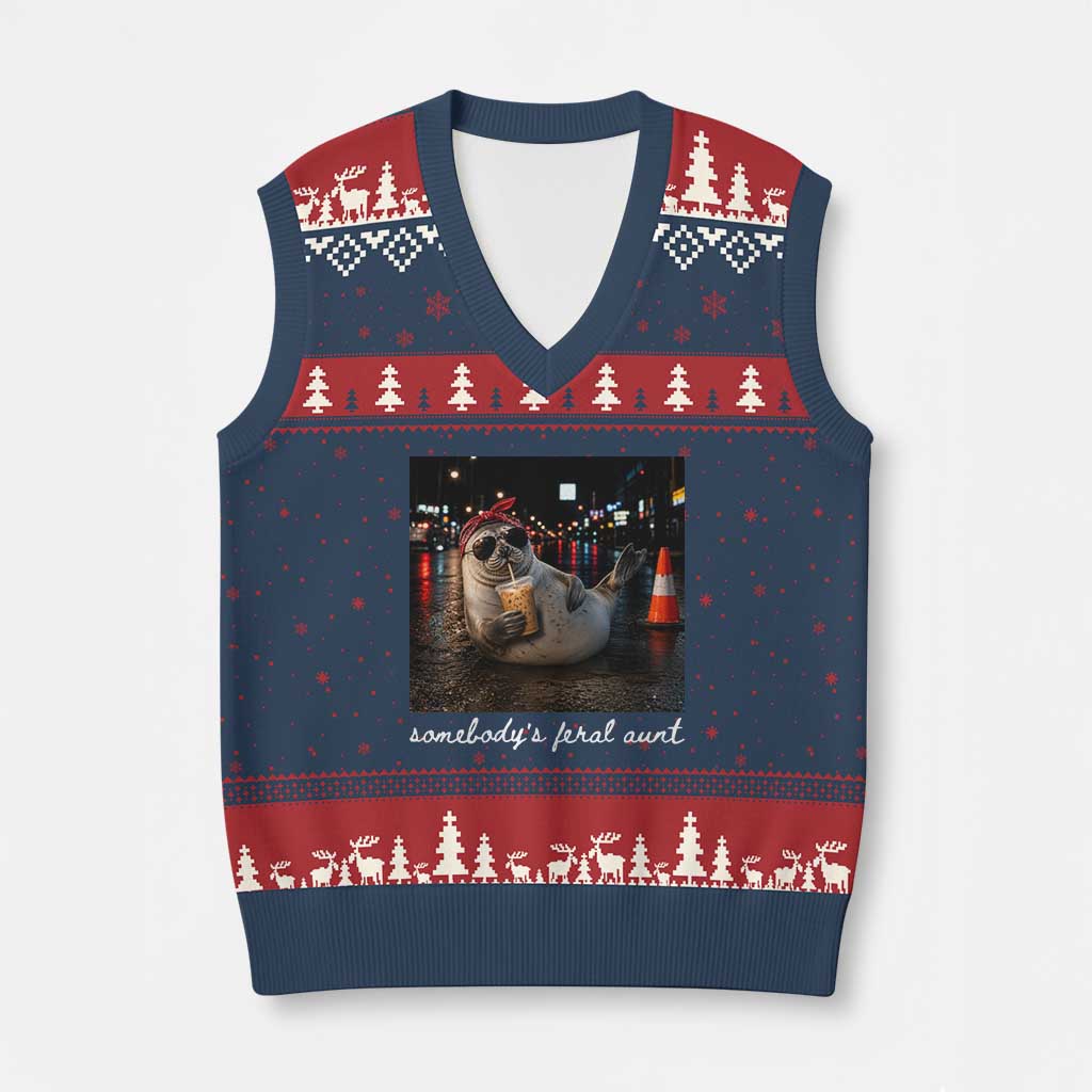 Somebody's Feral Aunt V-Neck Knit Sweater Vest Funny Neil The Seal Meme