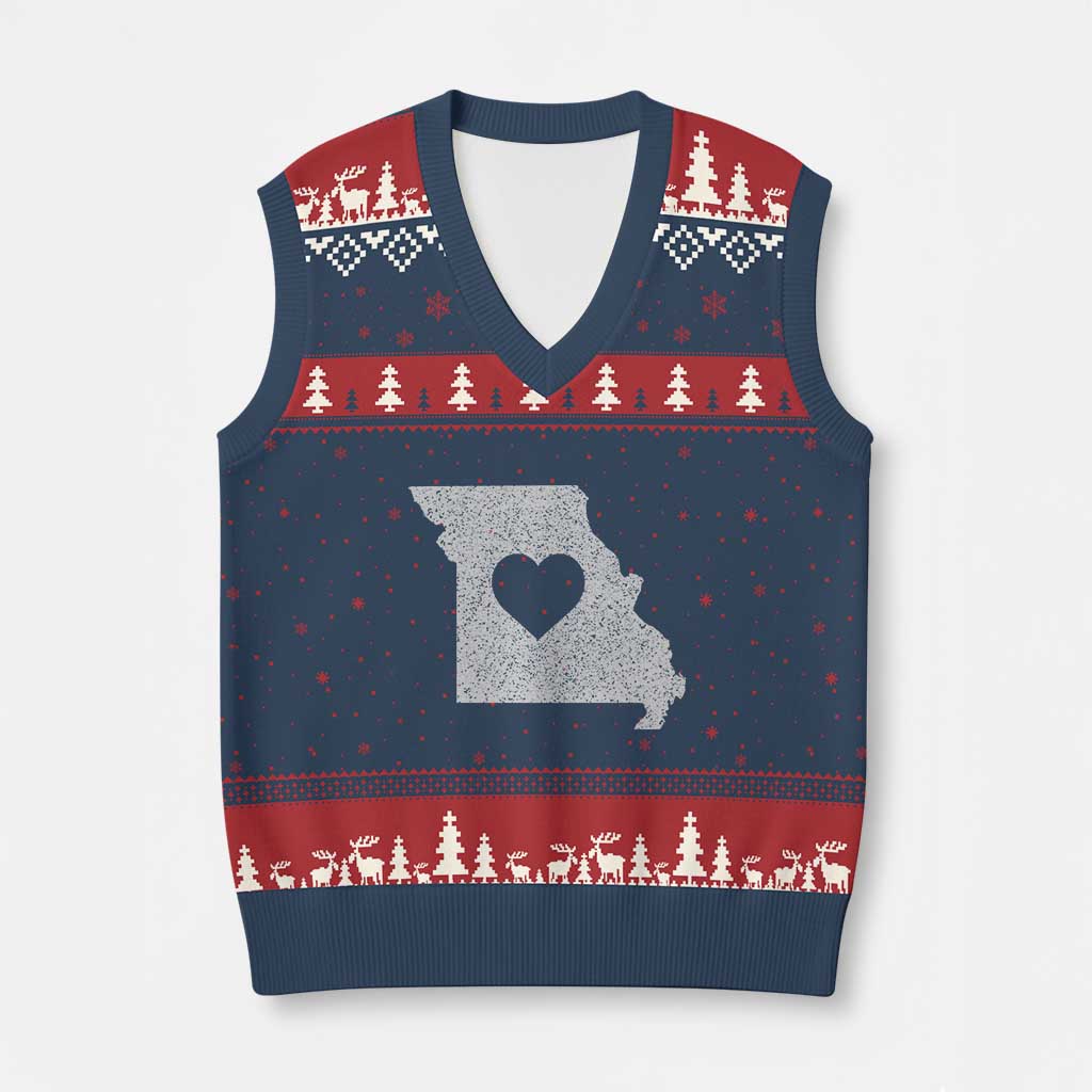 Missouri Home Distressed Missouri State Map with Heart V-Neck Knit Sweater Vest TS14 Navy Red Print Your Wear