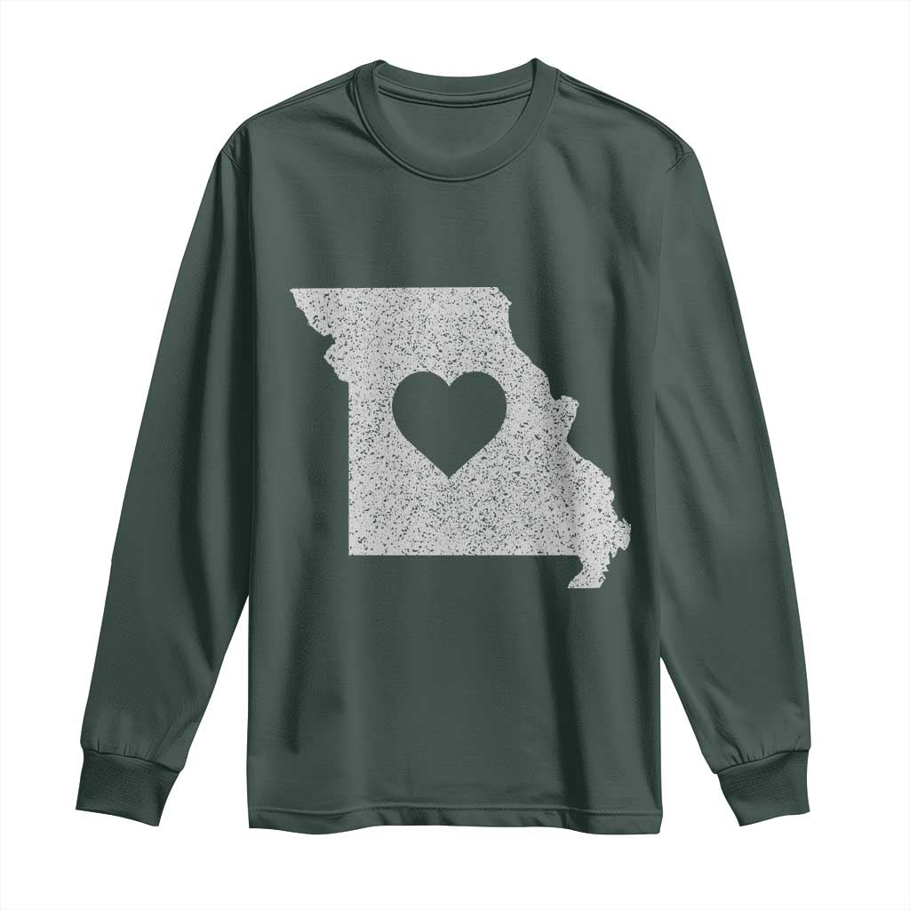Missouri Home Distressed Missouri State Map with Heart Long Sleeve Shirt