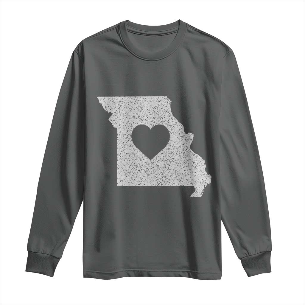 Missouri Home Distressed Missouri State Map with Heart Long Sleeve Shirt
