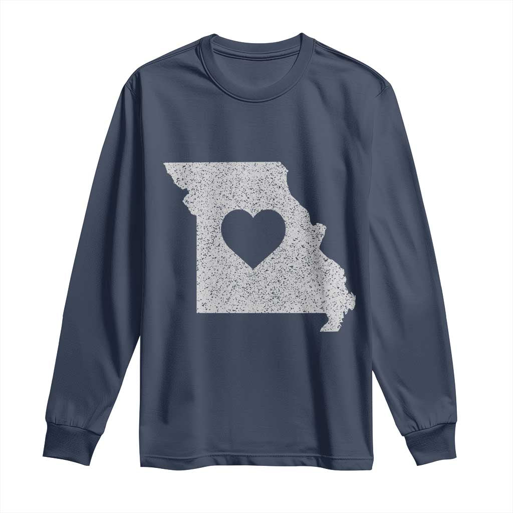 Missouri Home Distressed Missouri State Map with Heart Long Sleeve Shirt