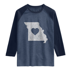 Missouri Home Distressed Missouri State Map with Heart Raglan Shirt
