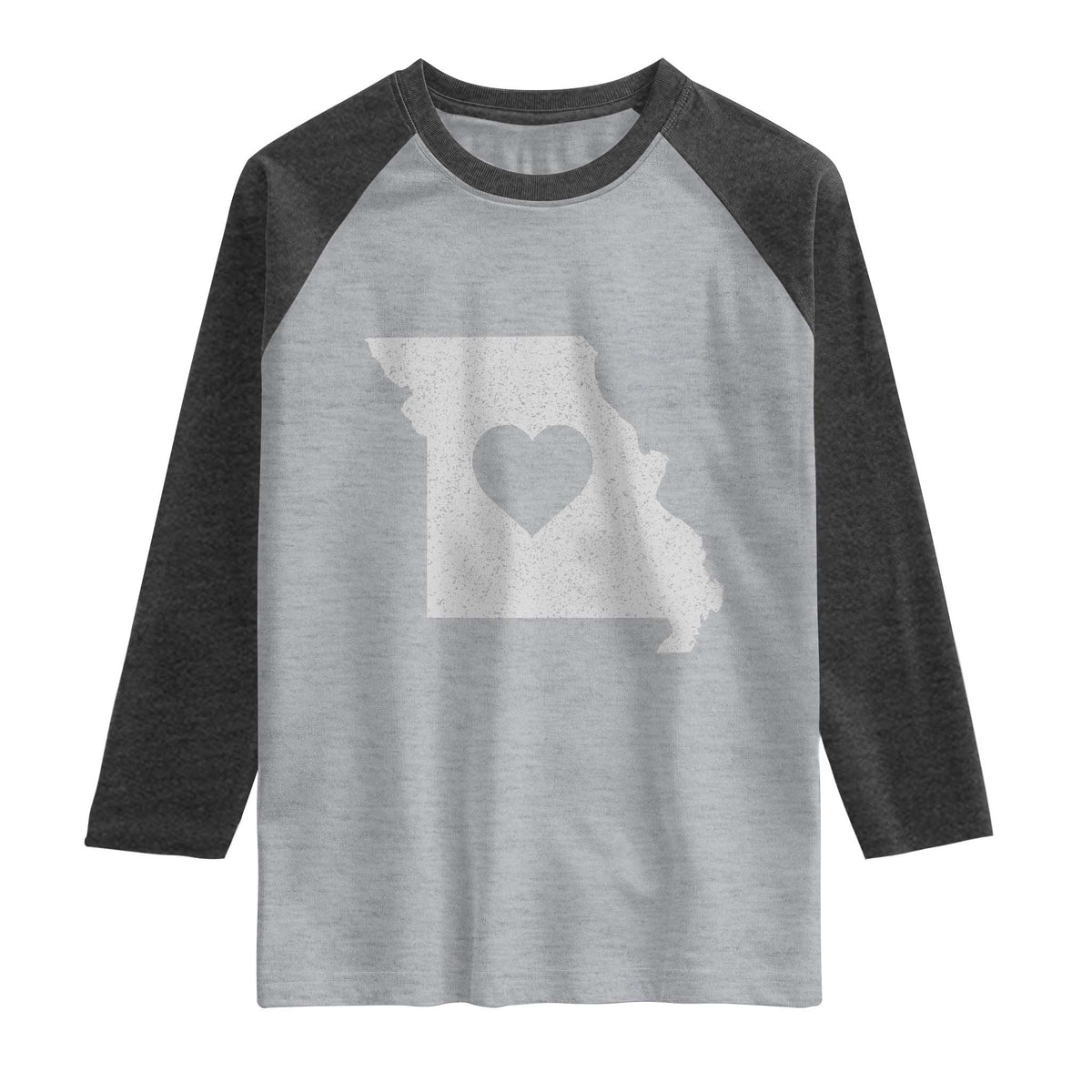 Missouri Home Distressed Missouri State Map with Heart Raglan Shirt