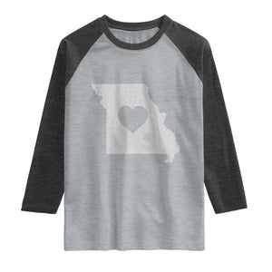 Missouri Home Distressed Missouri State Map with Heart Raglan Shirt