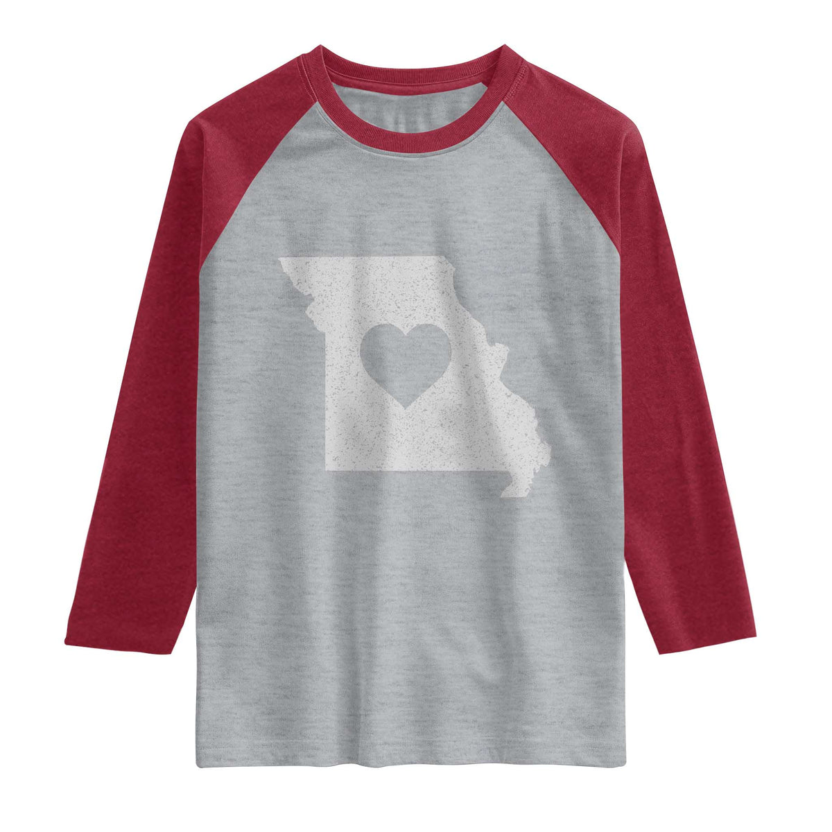 Missouri Home Distressed Missouri State Map with Heart Raglan Shirt