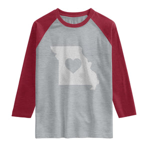 Missouri Home Distressed Missouri State Map with Heart Raglan Shirt